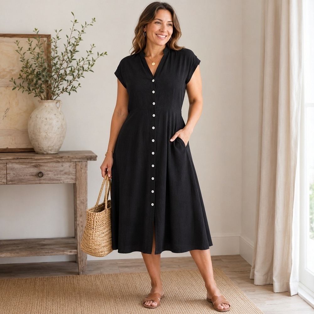 Magnolia Boutique Black Linen Blend Midi Dress Womens Medium Button Front Casual